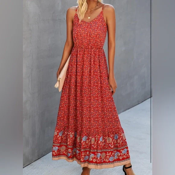 NWT Floral Red boho Maxi Dress M - Picture 3 of 13